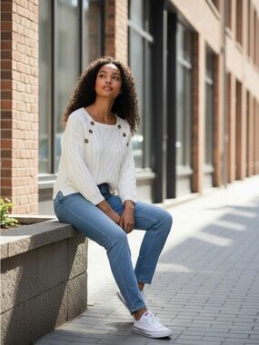 Beautiful White Cable-Knit Sweater with Shoulder Buttons
